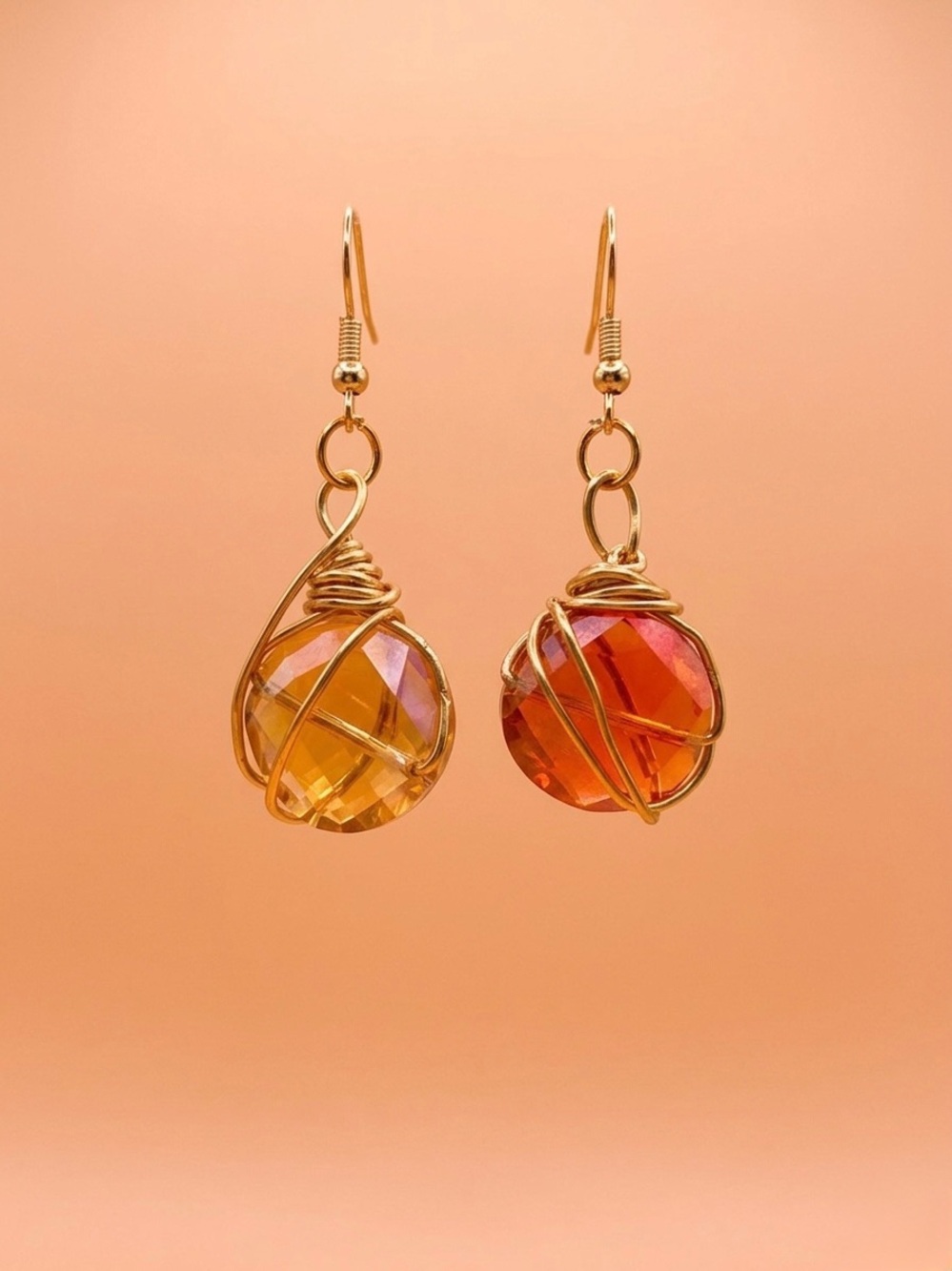 Handmade Gold Wire Wrapped Orange Gradient Drop Earrings